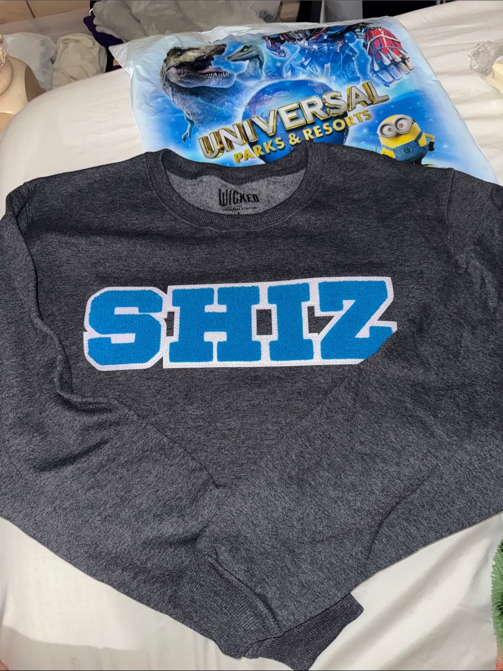 WICKED MOVIE Charcoal Gray 'SHIZ' Crewneck Sweater with Blue Lettering